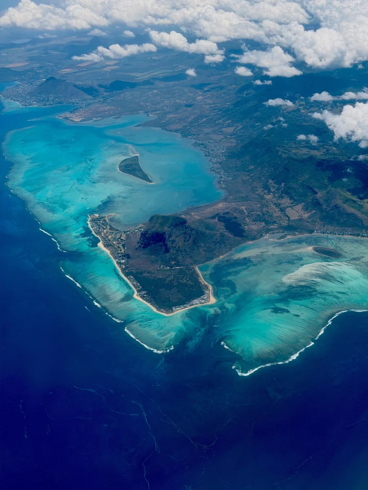 Aerial view of an island coastline and lagoon